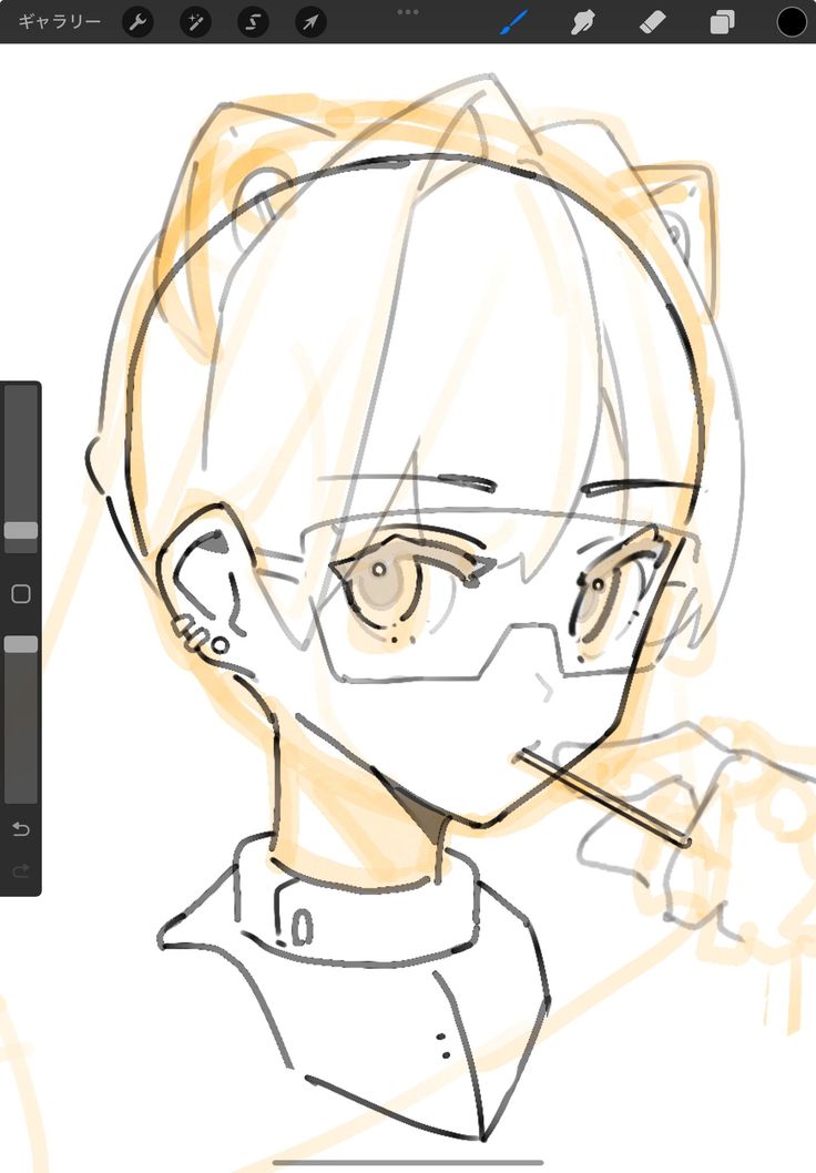 the image shows a digital drawing of an animestyle girl. the drawing is in progress, with some lines and colors appearing more solid than others. the girl has blonde hair, glasses, and is wearing a collared shirt. she is holding a lollipop in her mouth and appears to be in a relaxed pose. the art style is characterized by clean lines and soft shading. the drawing is being created using a digital art program, likely procreate, judging by the toolbar in the image.