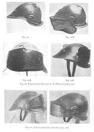 the image shows six different helmets from the medieval period. the helmets are shown in black and white, and they are all labeled with their respective figure numbers. the helmets are labeled as being from the "equestre suisse" in the first four images, and "knight upon the banner, 1604," for the final two images.