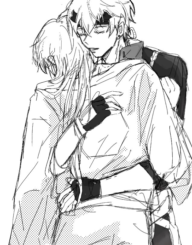 a black and white drawing of a couple hugging each other. they are drawn in an anime style, with large eyes and expressive features. the girl is leaning against the boy's chest, while the boy has his arms wrapped around her waist. they are both looking at each other with love and affection. the drawing is filled with delicate details, and the couple's emotions are conveyed through their body language and expressions. the art is beautiful and evocative, and it conveys the tenderness and intimacy of the moment.
