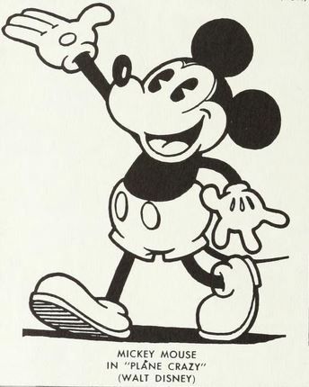 this is a black and white sketch of mickey mouse from the cartoon "plane crazy" by walt disney.  mickey mouse is walking towards the left of the image and waving.