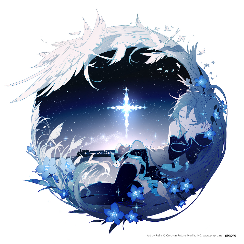 the image is a digital illustration featuring an animestyle girl with long, blue hair lying down against a backdrop of a starfilled night sky. the sky has a large cross of light.  a train is present on the horizon.  the image is framed by a circular arrangement of white birds, blue flowers, and wheat. the girl appears to be sleeping peacefully.