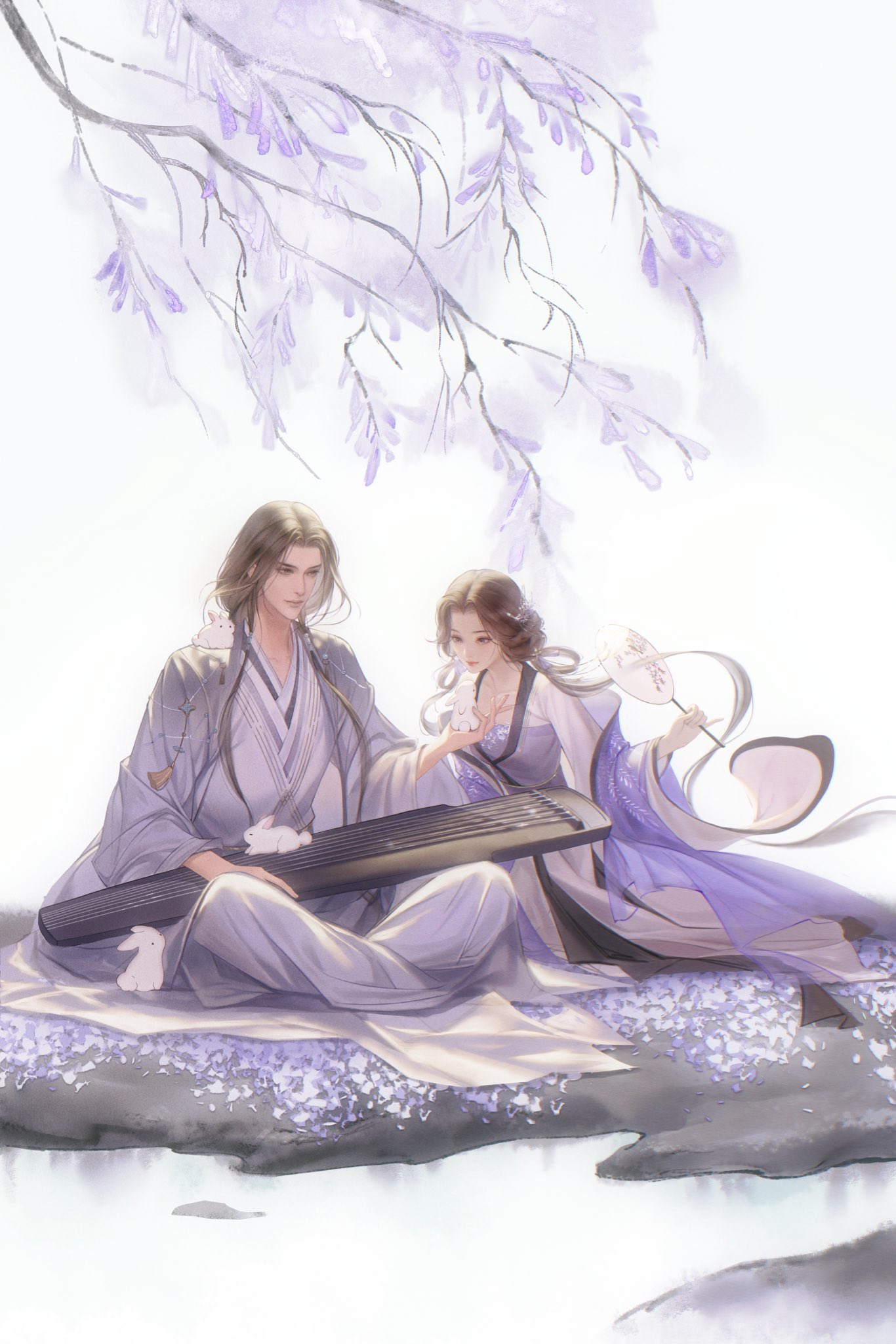 a man and woman in traditional chinese clothing are sitting on a rock. the man is playing a guzheng, a chinese zither, and the woman is listening to him.  the scene is set in a garden with pink and white flowers. the image is painted in a soft, romantic style.