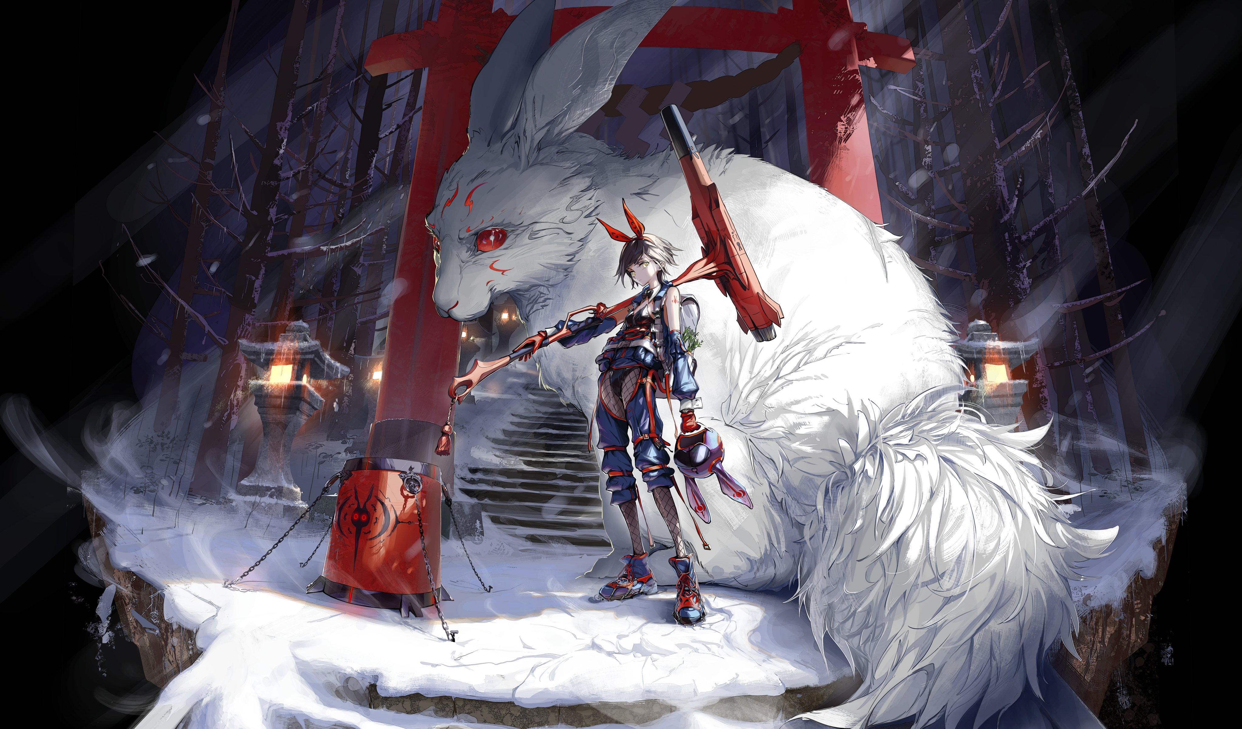 a young anime girl warrior stands with a large white rabbit spirit. she holds a sword in one hand and her other hand is on the rabbit's back. the rabbit is white and fluffy and is sitting on its haunches. the girl is wearing red and blue clothes. the background is snowy and appears to be a forest. the colors are red, white, and blue.