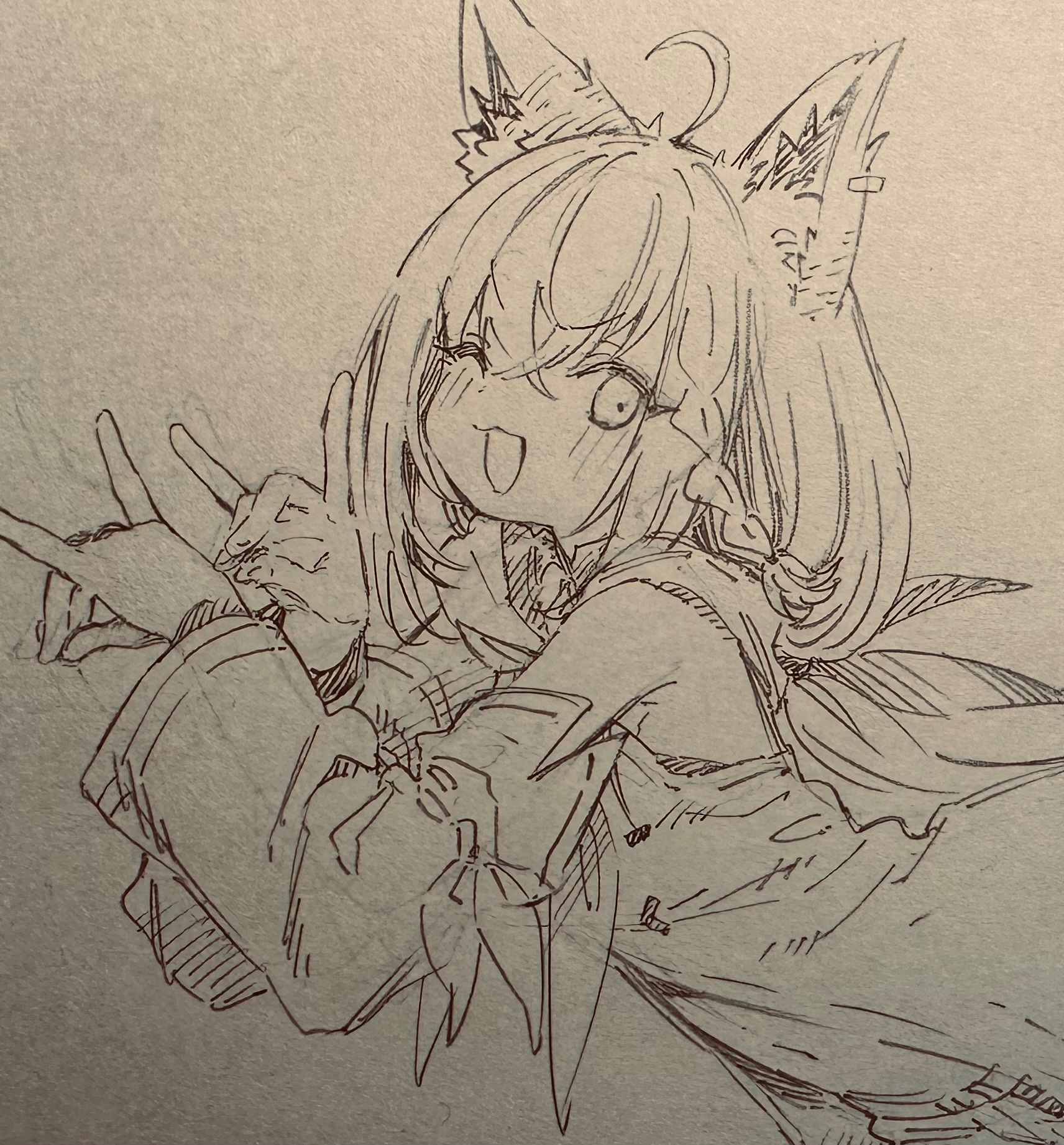 a dynamic pen and ink sketch of an anime girl with fox ears.  she's depicted in a playful pose, making peace signs with both hands. her expression is happy and expressive. the style is loose and energetic, with visible pen strokes and shading. the girl is wearing what appears to be a casual outfit incorporating elements of a school uniform. the background is a textured beige paper. the overall tone is warm and inviting.