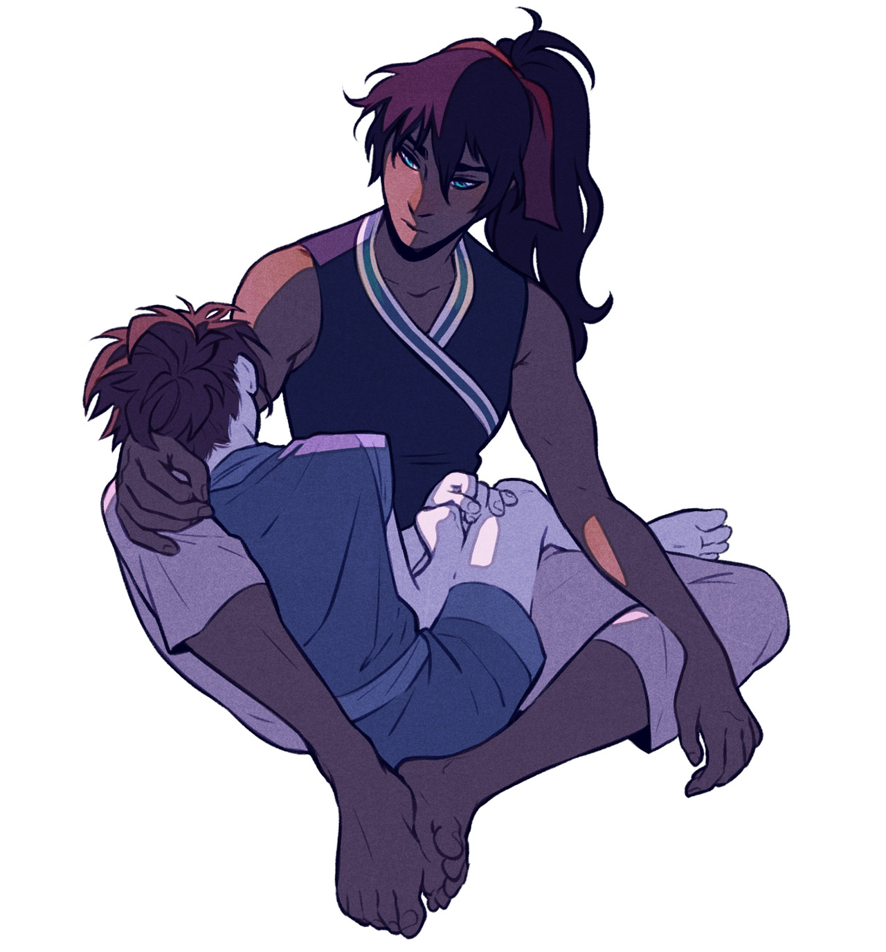 a stylized drawing of a woman with dark skin and long dark hair tied back with a red ribbon sits with her legs crossed. she is holding a young boy, also with dark skin and hair, who is sleeping soundly in her lap. the woman has a serene, almost sad expression on her face as she watches over the child. they both wear blue and teal clothing. the background is a blank white.