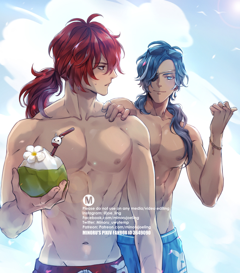 the image depicts two anime men on a beach. the man on the left has long red hair and is holding a coconut. the man on the right has long blue hair and is wearing sunglasses. both are shirtless and appear to be enjoying their time in the summer sun.