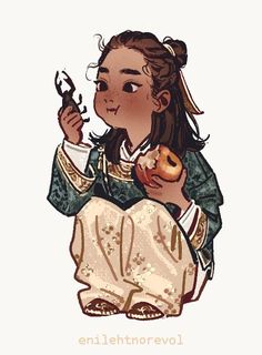 a digitally drawn image of a young child with brown skin and long brown hair in a bun, wearing a green and gold hanfu. the child is sitting down and holding a scorpion in one hand and a pastry in the other.  they appear to be about to eat the pastry.