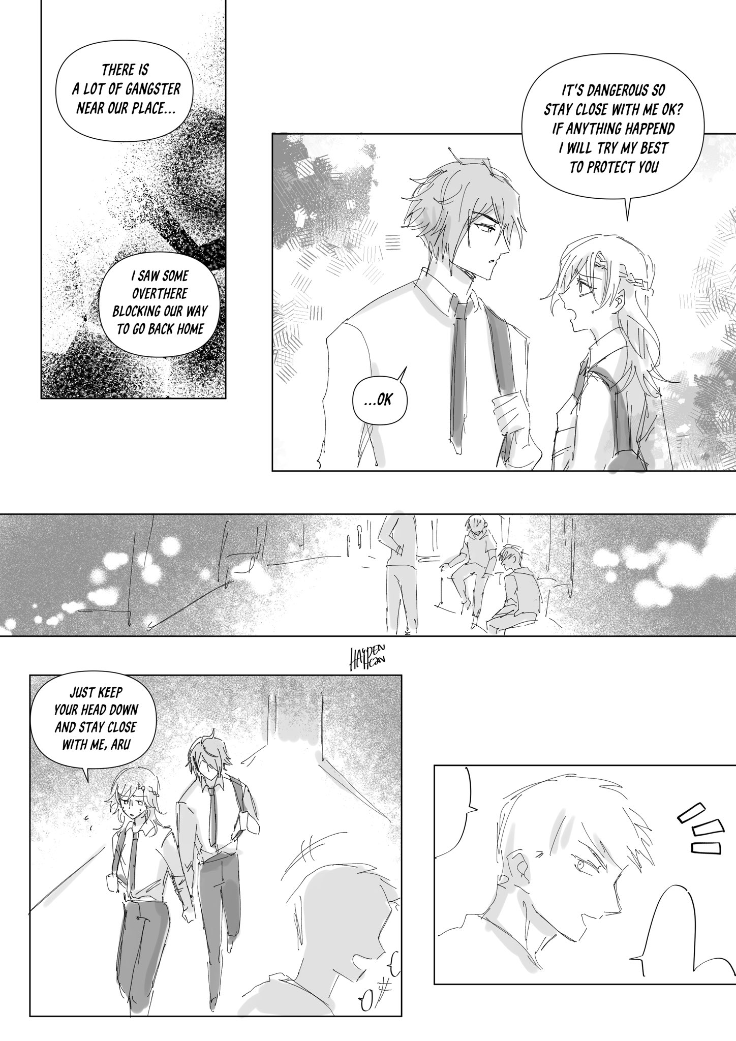 this is a comic book panel. it depicts a boy and girl walking down a street, with the boy telling the girl to stay close to him and be careful because the area is dangerous and there are a lot of gangsters.  there is a second panel below showing a close up of a boy with a stern expression, looking offscreen.