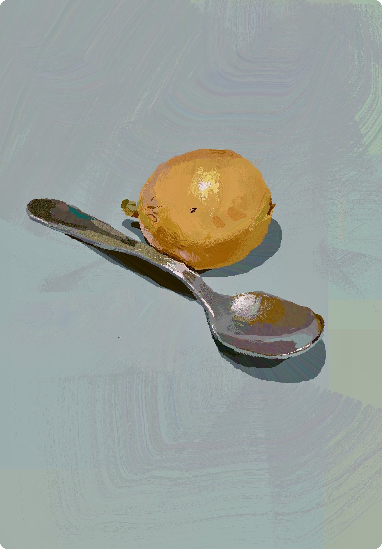 a still life illustration of a silver spoon placed diagonally across the frame, with an orange onion resting near the top of the spoon. the background is a muted teal color with brushstroke textures. the image has a painterly style.