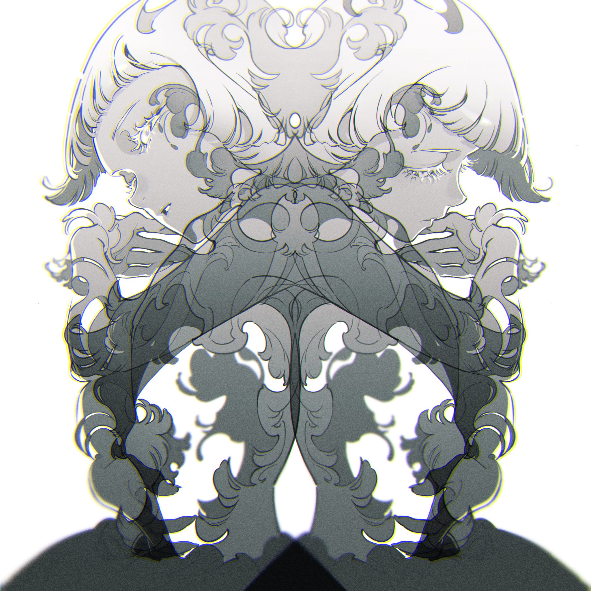 this is a black and white illustration of two women facing each other. the image is symmetrical, with the women's faces and bodies mirrored. the women have long hair and are wearing dresses with decorative patterns.  the background is white.