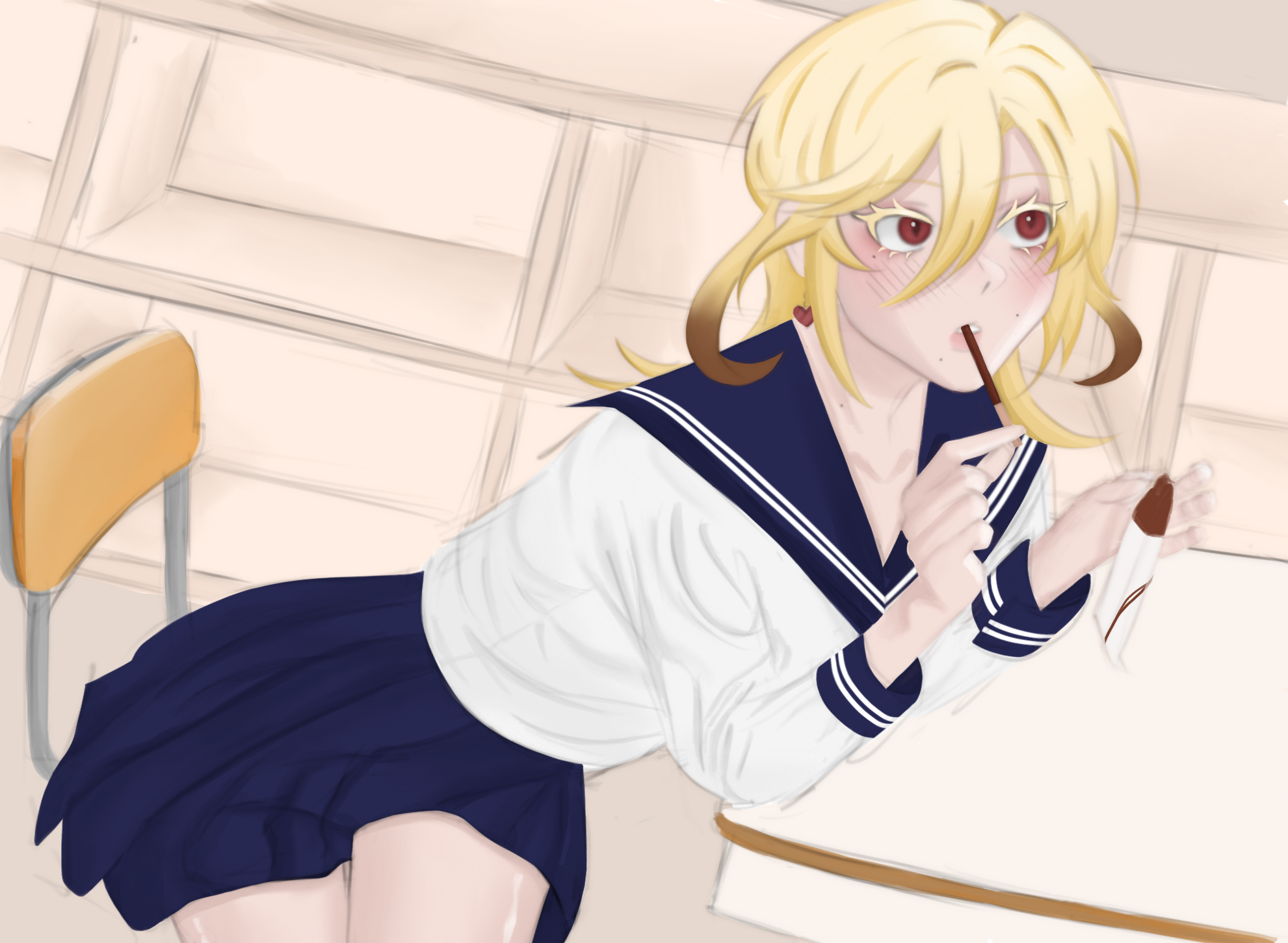 the image shows a digital drawing of an animestyle schoolgirl with blonde hair in a sailor uniform. she is sitting at a desk in what appears to be a classroom, and she is eating a chocolate snack. she has a blush on her cheeks, and she appears to be happy and content. the art style is cute and kawaii. the background is softly rendered with a focus on the character.
