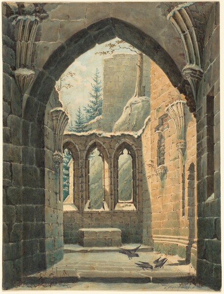 watercolor painting of a ruined gothic building with a large archway framing a view of snowcovered ruins and trees. three birds are on the floor in the foreground. the building is made of stone and has arched windows. there is snow on the ground and on the ruins.
