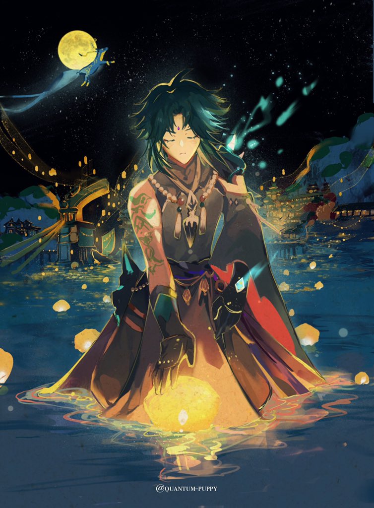 an anime character with long dark hair, dressed in a dark dress with a red cape stands in a river. the river has floating lanterns. the sky has a large moon and stars. there are buildings and a cityscape in the distance.
