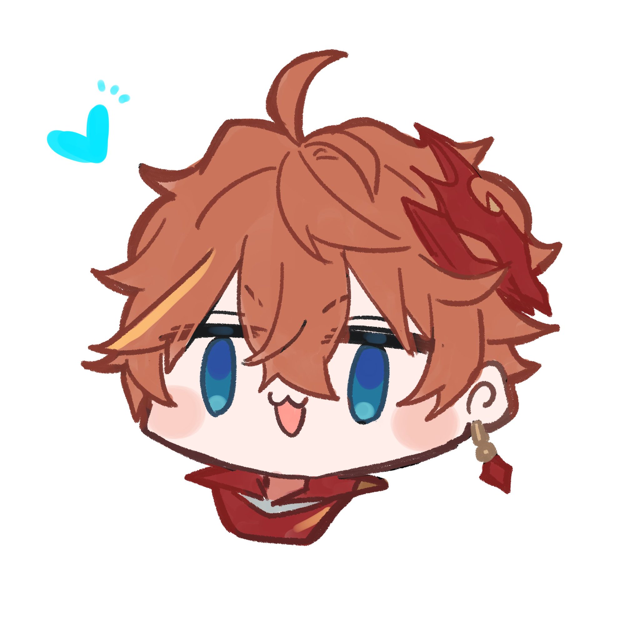 this is a digital illustration of a young male anime character in a chibi style, featuring bright red hair and  blue eyes. he has a mischievous smile on his face and wears red and gold accessories. the character is drawn in a cute and adorable style, typical of the chibi art style. the character appears to be happy and friendly.