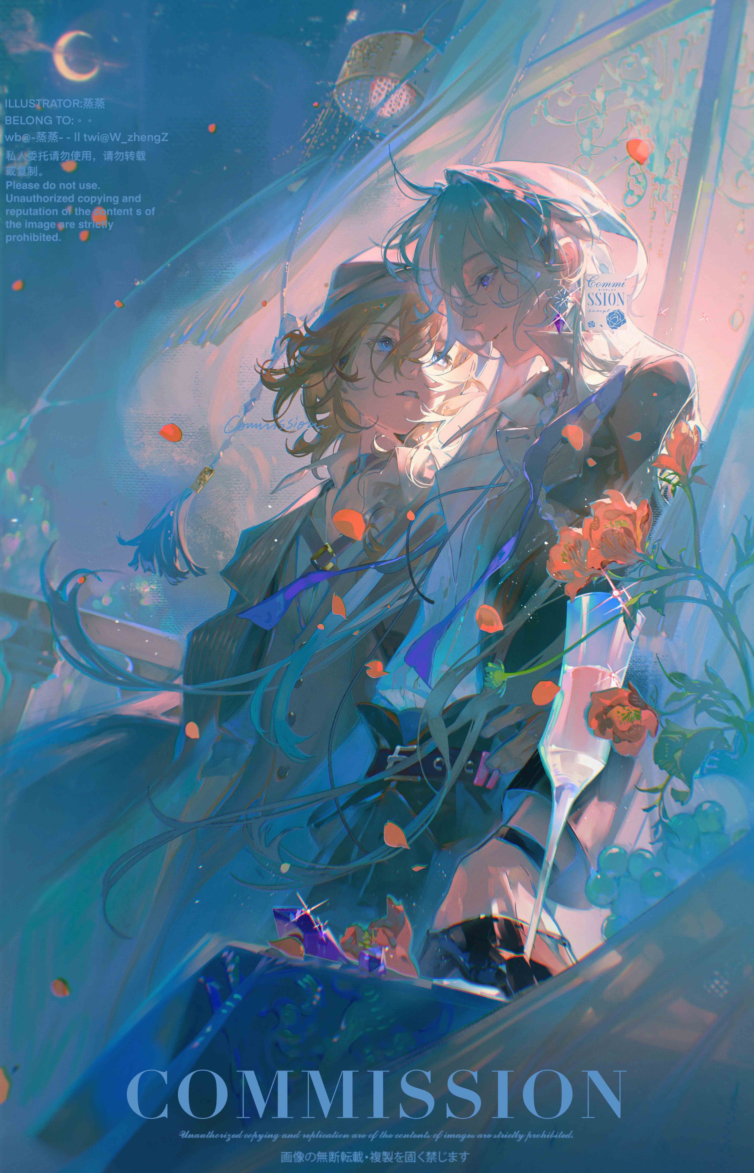 the image is a digital illustration of two animestyle male characters standing in a doorway. the overall tone is soft and romantic, with warm lighting and a palette dominated by blue and orange hues. the characters are close together, their expressions suggestive of affection.  the figure on the right holds a bouquet of orange roses, with petals scattering around them. the background features an ornate doorway and soft, blurred architecture. the word "commission" is prominently displayed at the bottom, along with japanese text indicating restrictions on reposting or reproduction.