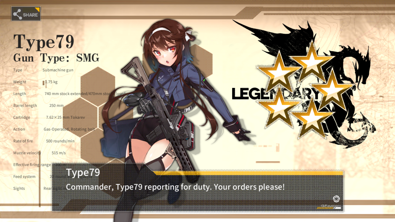 it's a game character card of a girl with brown hair holding a gun, her name is type79. she is wearing a blue jacket,  black shorts, and thigh highs. ```