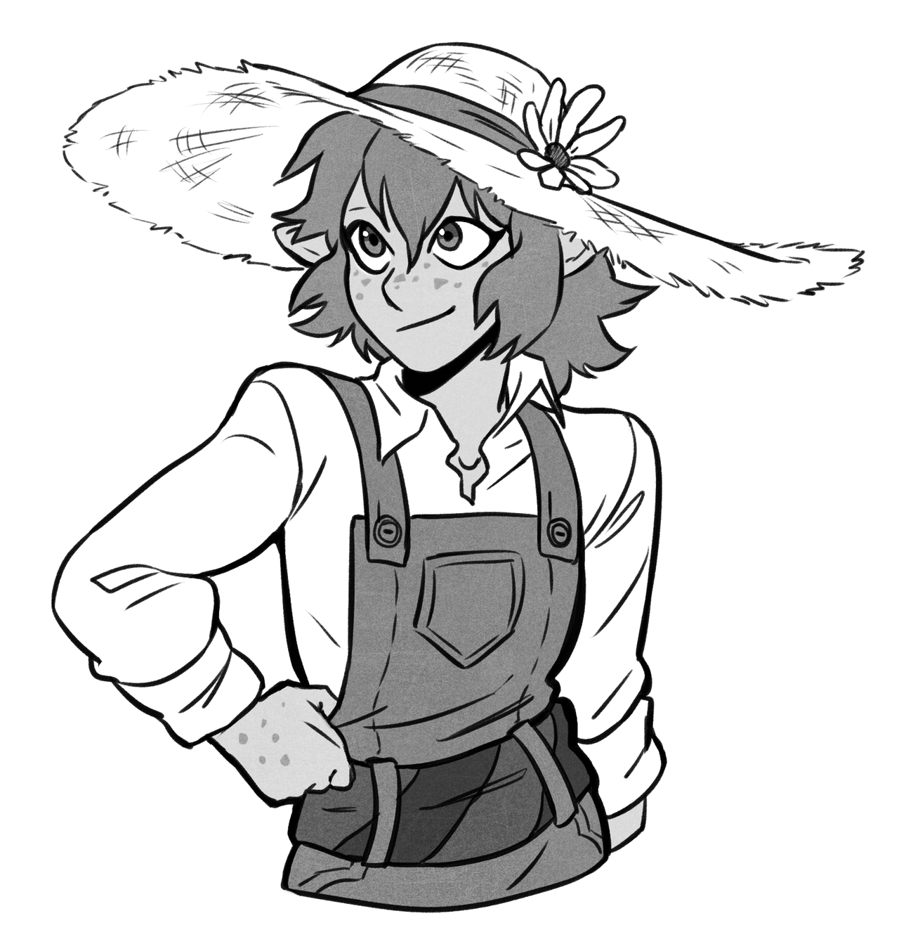 a black and white drawing of a young person with elf ears dressed in farmer attire. they are wearing a straw hat with a flower tucked into the brim, a loosefitting, longsleeved shirt, and overalls. they have freckles and a confident, friendly expression.  their pose suggests they are standing with one hand on their hip.