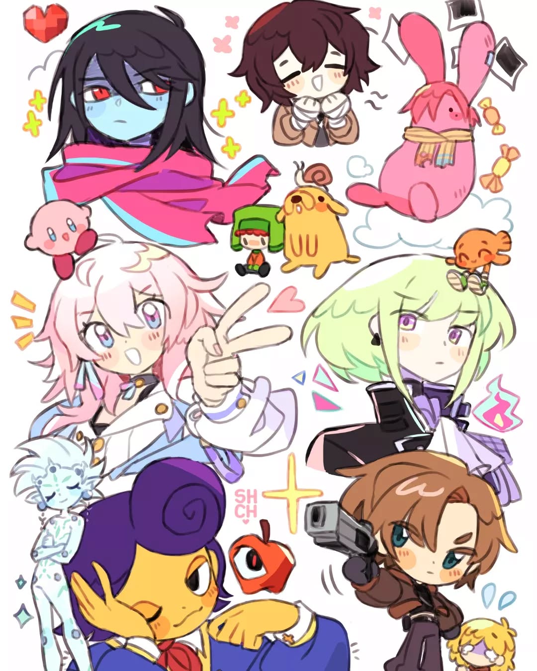 his image is a colorful digital illustration featuring a collection of cute, chibistyle cartoon characters.  the style is reminiscent of anime and manga, with large expressive eyes and pastel colors dominating the palette. the characters are diverse in appearance, showcasing various hair colors, outfits, and expressions, suggesting a variety of personalities.  some characters are clearly inspired by existing video game or animation characters (like kirby and possibly south park's characters), others appear original. they are arranged in a seemingly random but visually pleasing way across the image, with several small decorative elements (hearts, plus signs, candies) scattered around them. the overall feeling is one of playful energy and whimsy.