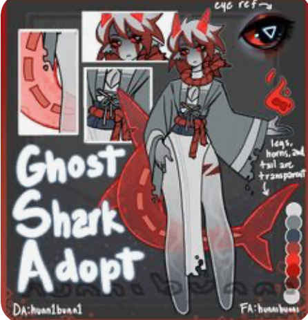 the image is a digital artwork showcasing an adoptable character design.  the character is a stylized ghost shark with a humanoid upper body dressed in a kimonolike outfit,  featuring red and grey color palettes. its legs, horns, and tail are described as transparent.  various reference images including a closeup of the eye design, and clothing details are displayed alongside the main character illustration.  the text "ghost shark adopt" is prominently displayed, along with deviantart and fa usernames.  the overall style is a mix of cute and spooky, with a hint of japaneseinspired aesthetics.