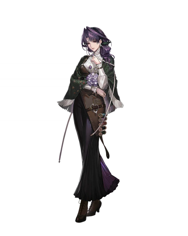 a female character with pale skin, long purple hair, and purple eyes stands against a black background. she wears an elaborate dark green and white outfit with intricate details, including a shawl, a highcollared blouse, a long skirt, and heeled boots. she holds a book adorned with spools of thread and other sewing tools, suggesting she might be a seamstress or a magic user with a unique craft.  the image is dramatically lit, emphasizing her figure and the details of her clothing.