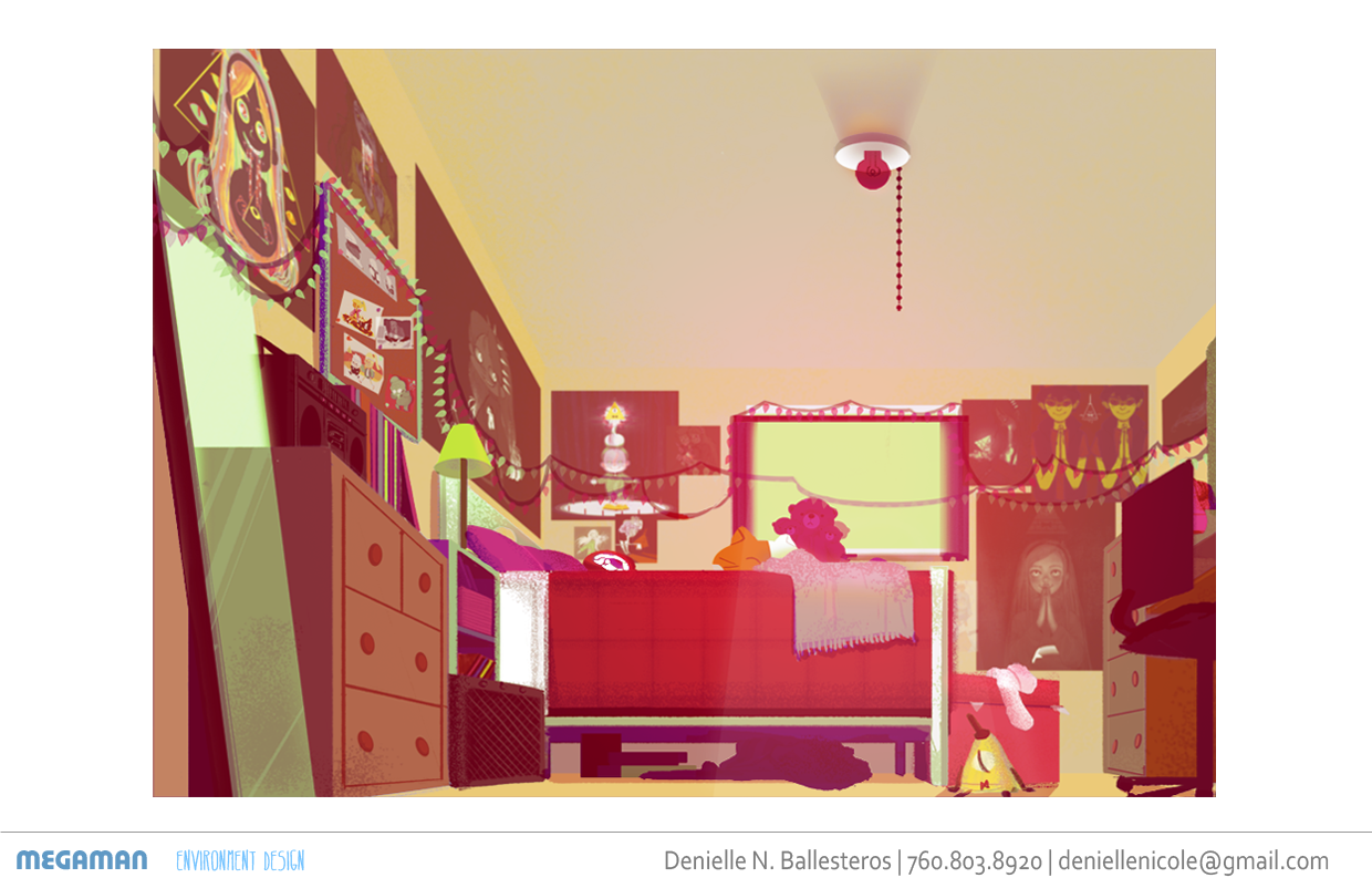 an illustration of a bedroom interior. the bedroom has a red bed, a dresser, posters on the walls, and string lights hanging from the ceiling. the perspective is from inside the room looking towards the bed. there are no people in the image.