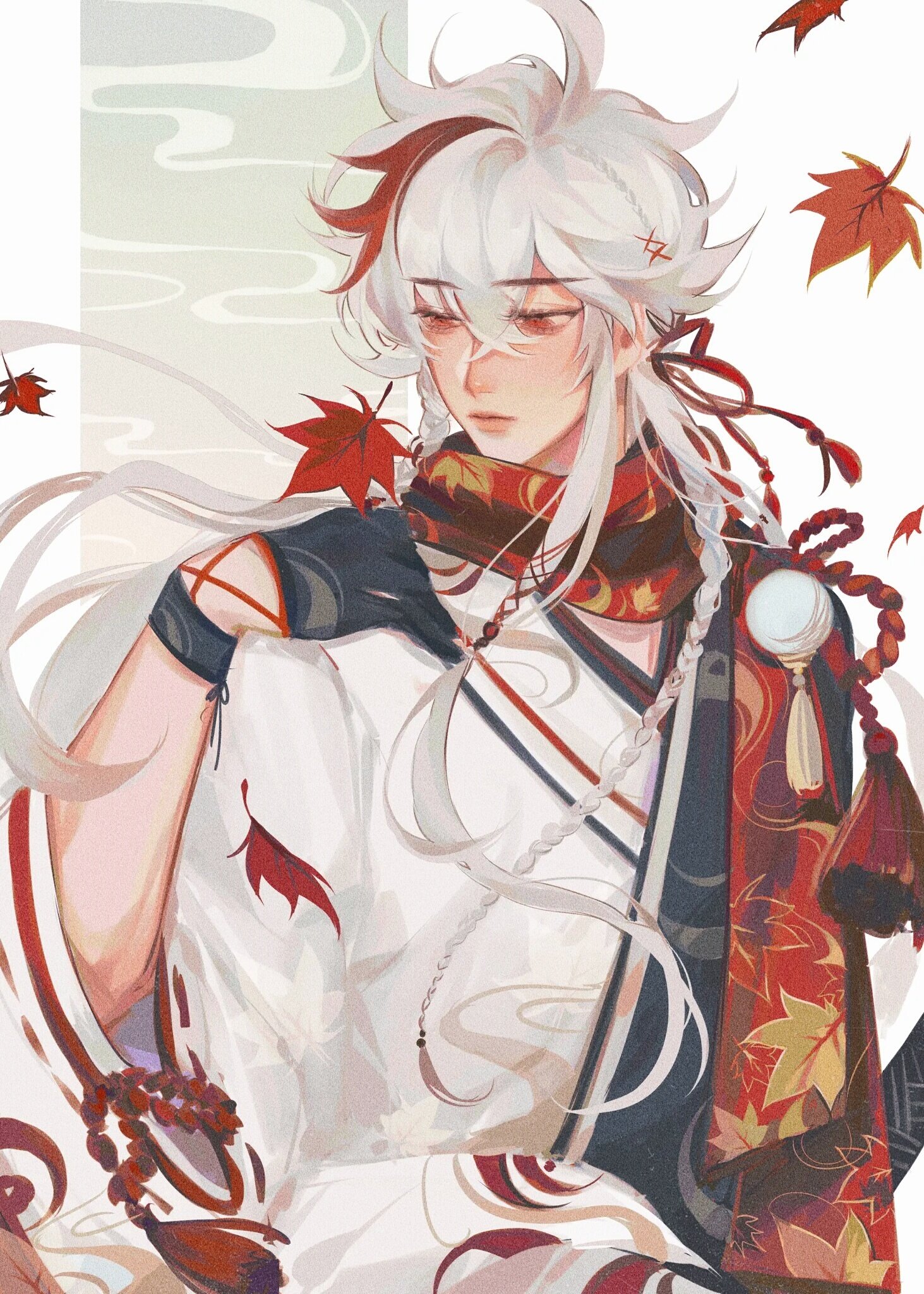 he image is a digital painting of a young animestyle male character. he has long, flowing white hair with hints of red, and is wearing a white and red kimonostyle outfit with a long, patterned scarf.  autumn leaves, particularly maple leaves, are falling around him, adding to the autumnal atmosphere. his expression is calm and serene, and his pose is elegant and graceful. the style is soft and painterly, with a focus on the character's delicate features and flowing garments.  the background is simple and unfocused, allowing the character to be the central point of interest. the overall mood is peaceful and slightly melancholic.