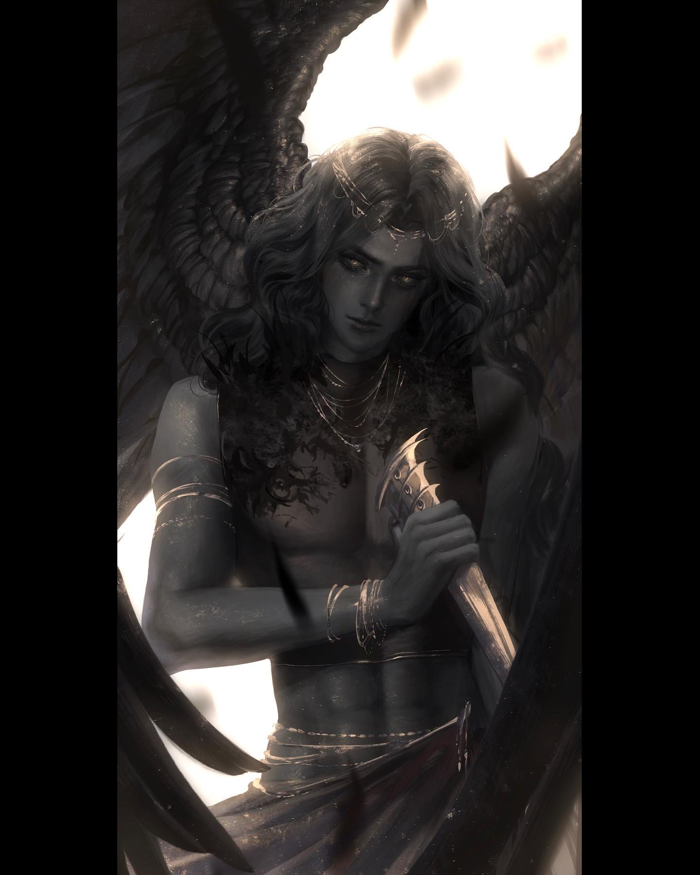 a dark angel with black wings stands with a sword in hand, looking down with a brooding expression. he is adorned in gold jewelry and his long black hair falls over his shoulders. he is a powerful and mysterious figure, radiating an air of strength and danger. the background is a dramatic and ethereal blur of black and white, adding to the overall sense of fantasy.