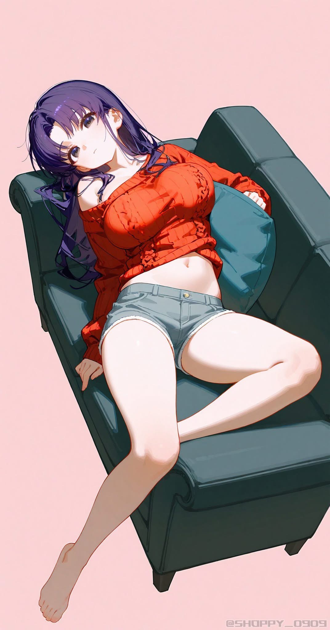 an anime girl with purple hair is sitting on a dark green couch, leaning against a blue pillow. she is wearing a red sweater and blue denim shorts, and is barefoot. she is lounging and appears relaxed. the background is a light pink color. the image is in the style of realistic anime.