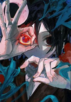 the image is a stylized portrait of a person with dark hair, holding their hand up to their face, forming a circle with their fingers. their eyes are wide and expressive, and their gaze is directed at the viewer. there is a red orb within the circle formed by their fingers. the background is dark and abstract, with swirling lines and floral motifs. the overall palette is dark and moody, with pops of red and white.  the style is reminiscent of anime or manga art.