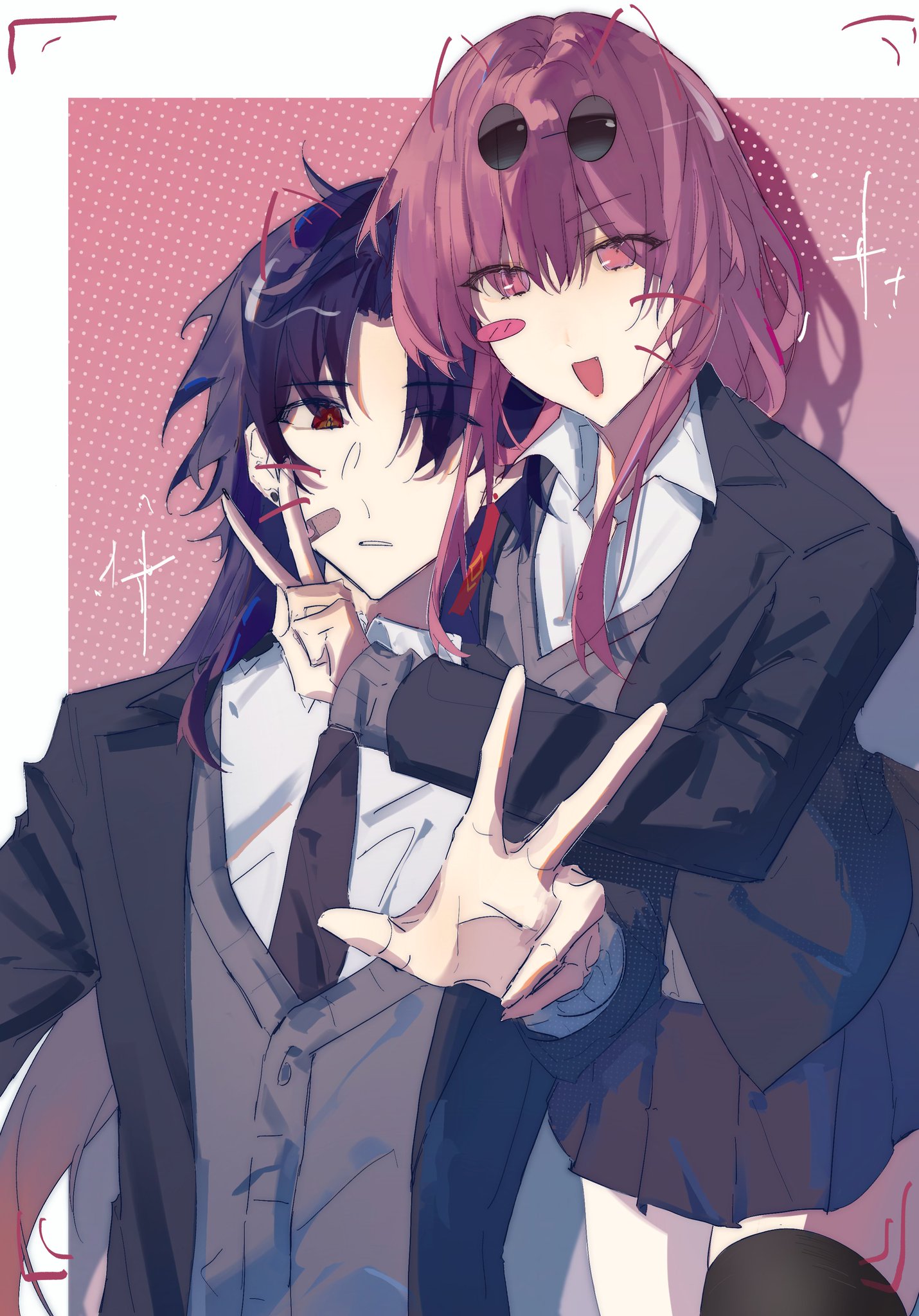 the image features an anime couple posing for a photo. the girl has pink hair and is wearing a school uniform with a black blazer and a white shirt. she is wearing sunglasses and has a happy expression on her face. the boy has black hair and is wearing a suit with a gray sweater underneath. he is smiling and looking at the camera. they both seem to be happy and in love. the background is a pink gradient.