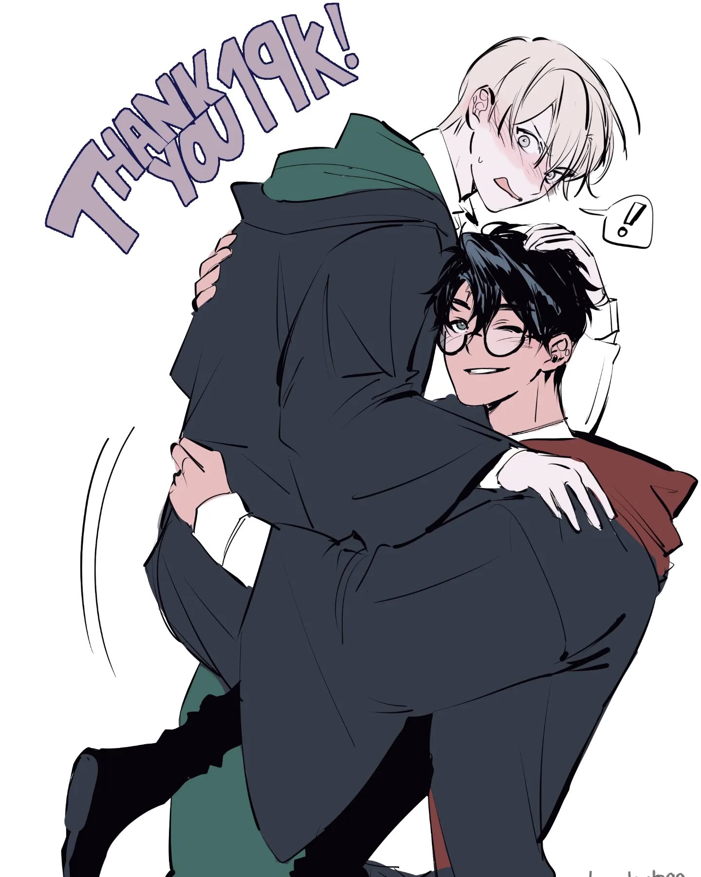 the image is fanart depicting a romantic embrace between two characters reminiscent of draco malfoy (slytherin) and harry potter (gryffindor) from the harry potter series.  draco is being lifted and hugged by harry.  the art style is anime/manga inspired, with soft lines and shading.  text overlayed on the image says "thank you 19k!", suggesting this is a celebratory piece for a social media milestone. the overall mood is sweet and affectionate, showcasing a close and loving relationship between the two characters.