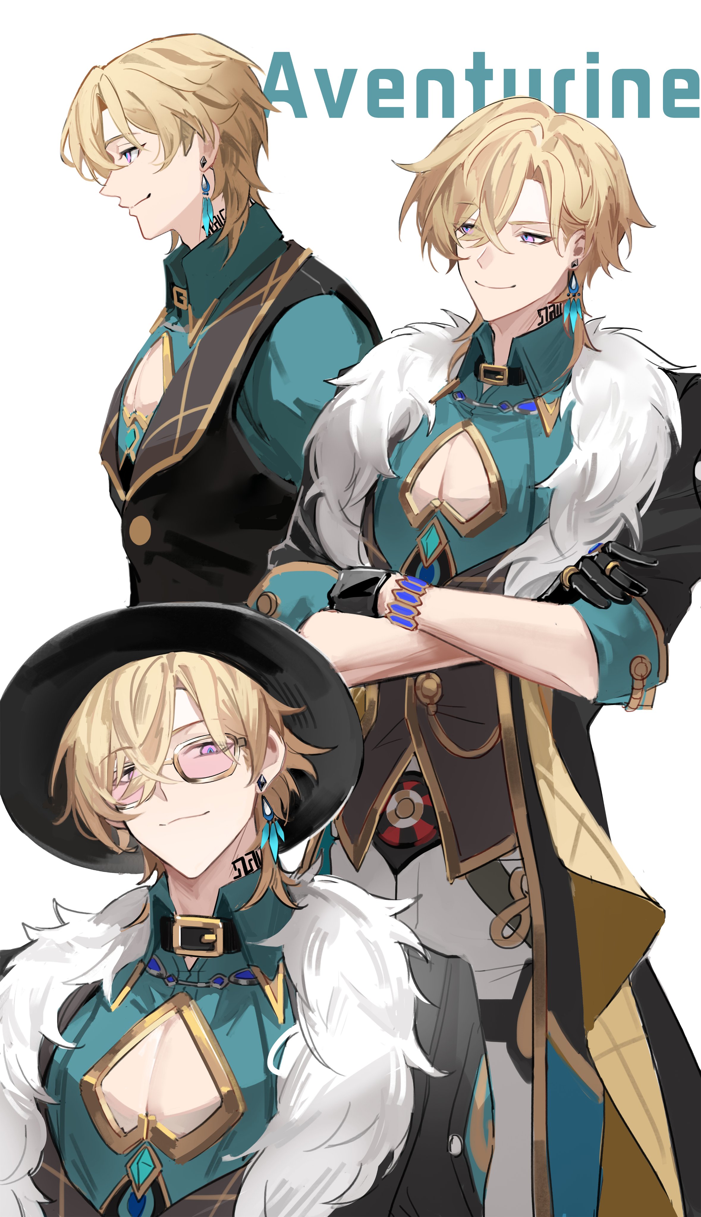the image showcases a stylized animestyle illustration of a character named "aventurine." the art features three depictions of the same character in slightly different poses and outfits,  all sharing a similar design aesthetic.  the character has long blond hair, teal and gold clothing with fur trim, and wears various accessories such as earrings and, in one version, glasses.  the overall style is elegant and somewhat fantastical, suggestive of a character from a video game or fantasy story.  the three different images of the character appear to show variations of his attire or perhaps different moods/moments in his story. the art is clean and wellexecuted, demonstrating a proficiency in digital painting and character design.