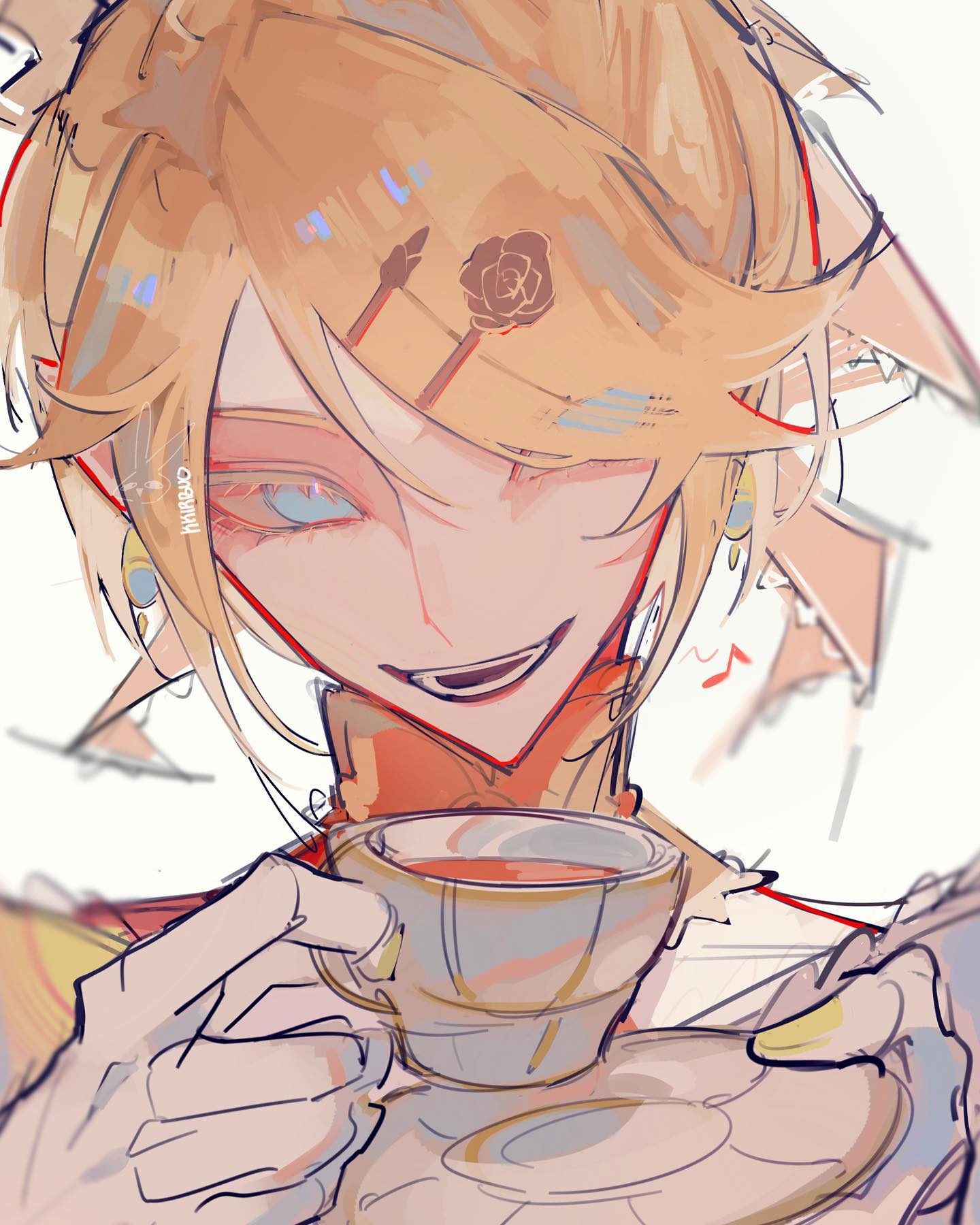 the image is a digital painting or illustration in a loose, painterly style reminiscent of anime and manga art. it depicts a stylized portrait of a character, seemingly androgynous, with long blonde hair and light skin.  the character has a rose tattoo on their forehead and is elegantly holding a teacup and saucer.  the style is soft and somewhat dreamlike, with a pastel color palette and visible brushstrokes. the character's expression is a subtle, almost sly smirk. the overall aesthetic is stylish and somewhat mysterious.