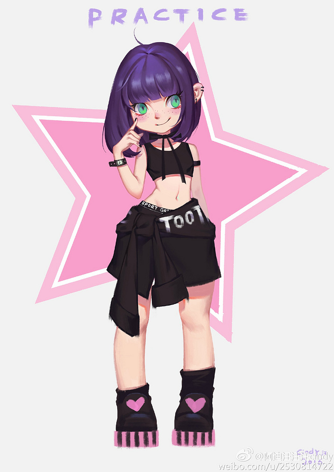 this is an illustration of a cute anime girl. she has purple hair, green eyes, and is wearing a black shirt, skirt and shoes. she is standing in front of a pink star. the words "practice" are written at the top of the image. the girl is drawn in a cartoon style.