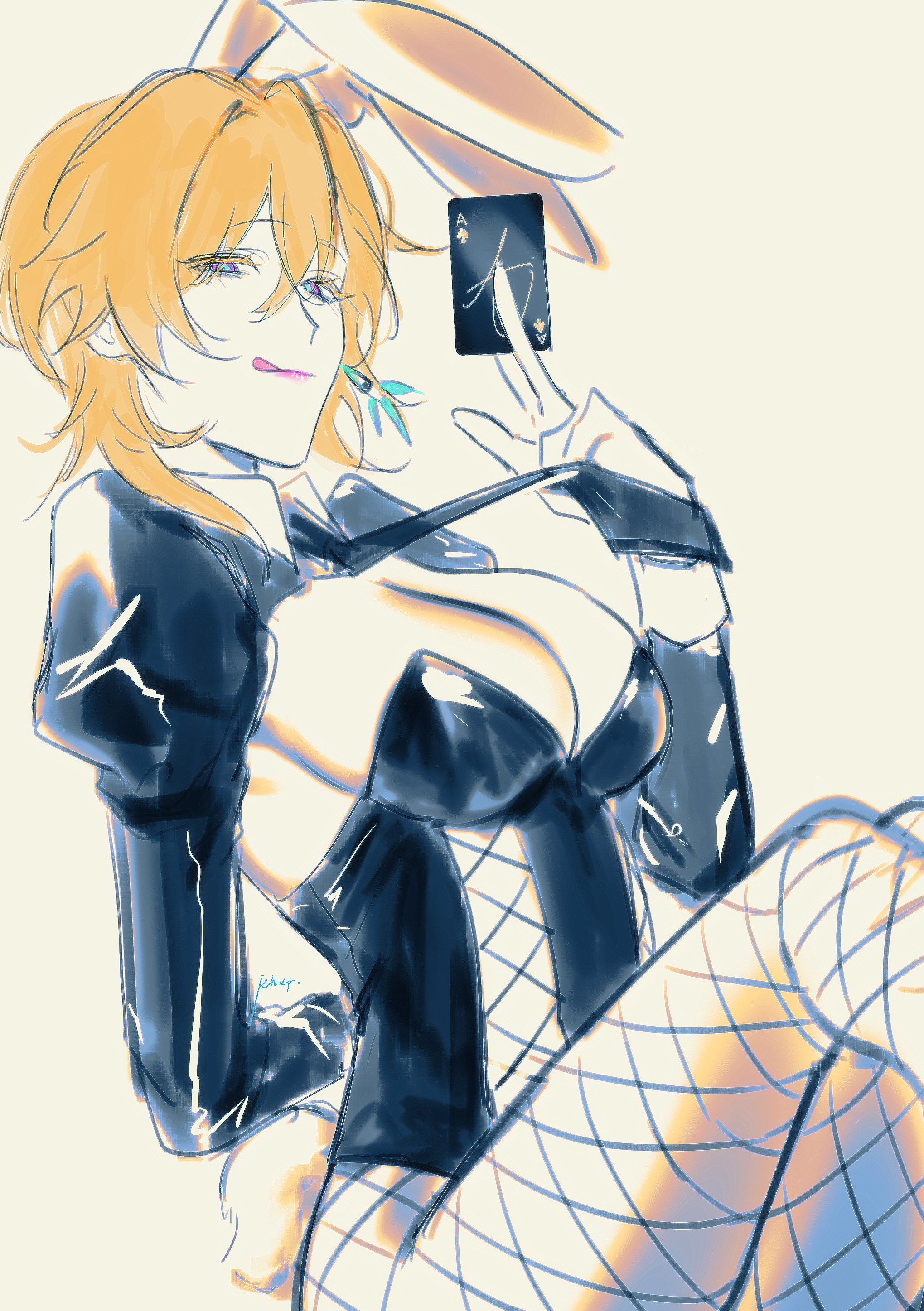this is a digital illustration of an anime girl dressed as a magician. she's wearing a black and white outfit with fishnet stockings and is holding up a playing card. she has a beautiful, delicate face and long, flowing hair. her eyes are bright and her lips are slightly parted, which gives her a slightly mischievous look.  the background of the image is a soft, light color, which helps to emphasize the subject and make her stand out. the overall impression is that this is a young and attractive woman who is confident and in control.