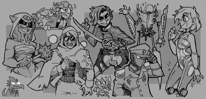the image shows nine characters drawn in a sketchy style. they appear to be from a fantasy roleplaying game, with a variety of designs featuring monstrous and humanoid elements. the overall tone is lighthearted and expressive.