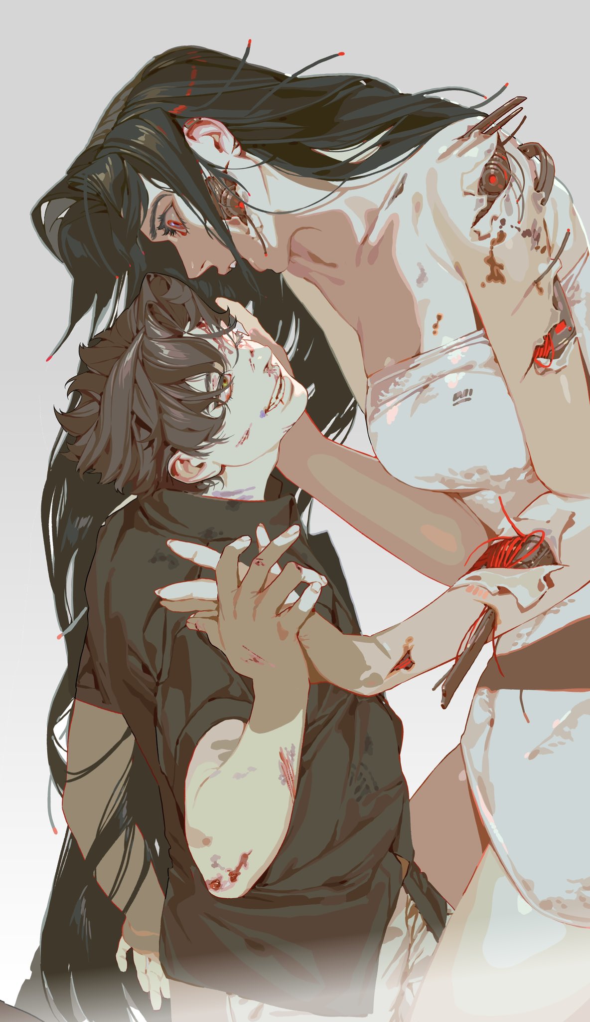 an animestyle illustration depicting a tense and unsettling intimate moment between a woman and a man. the woman, with long black hair and piercing red eyes, embraces the man, who has short dark hair and a somewhat strained expression. both figures have wounds and traces of blood, suggesting violence or conflict. the woman's attire is white, with futuristic elements, including visible mechanical parts. the overall tone is dark and potentially horrorthemed.