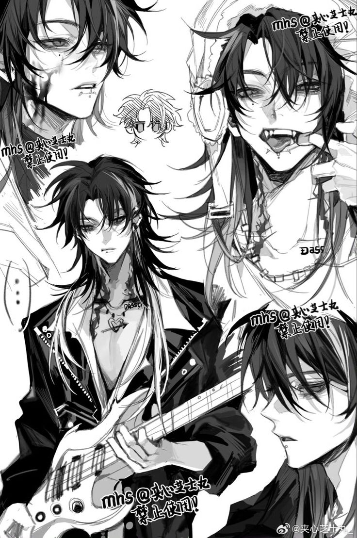 he image is a collection of monochrome animestyle illustrations featuring several male and female characters.  the main focus is a central figure, a young man with long hair playing a bass guitar, dressed in a leather jacket. he is surrounded by other characters, some with distinct features like a character wearing headphones and another with a more gothic aesthetic. the style is expressive and detailed, with a focus on dynamic poses and emotive facial expressions. there are several repetitive markings in chinese text throughout the image which appear to be a watermark or signature.