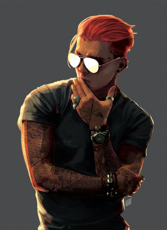 a portrait of a man with red hair and tattoos. he's wearing sunglasses and a watch and has a serious expression on his face. he's wearing a dark gray tshirt and appears to be thinking. the background is grey.