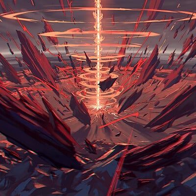 a surreal landscape dominated by shades of red and orange, featuring jagged rocks and scattered debris. a bright beam of light pierces through the scene, surrounded by concentric rings, suggesting a powerful force or explosion. the overall impression is one of destruction and fantasy.