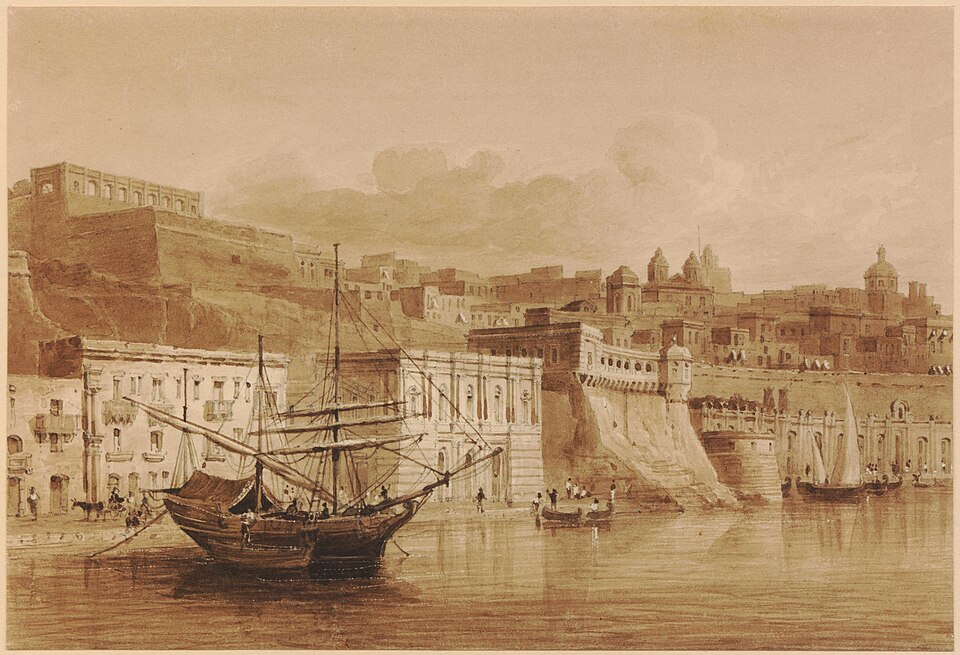 a sepiatoned watercolor drawing depicts a bustling harbor city. a large sailing vessel dominates the foreground, with figures visible on deck and nearby on the dock. adjacent to it is a building that is part of the fortification. the city is built upon a hill, displaying varied architecture with walls and domes. in the water are other boats. people are seen in various locations, contributing to the vibrant harbor scene. the sky is clear.
