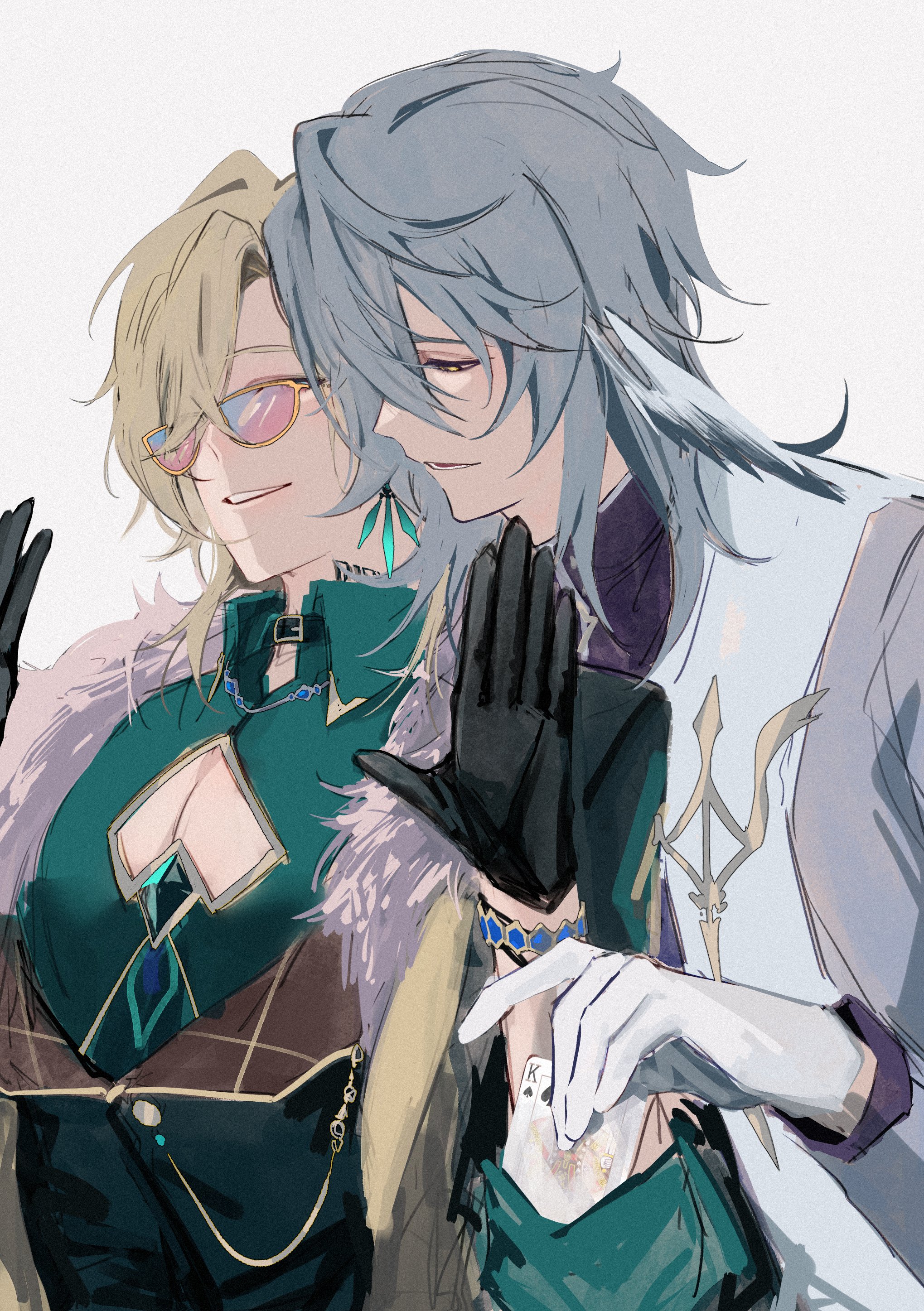 this is a digital illustration of two anime male characters. one is wearing a white coat, white gloves, and grey hair. the other is wearing a green outfit, black gloves, and blonde hair. the character in the white coat is leaning in toward the character in the green outfit while the character in the green outfit is smiling. the character in the white coat is holding a playing card. both characters are wearing fashion accessories like earrings, necklaces and hats.