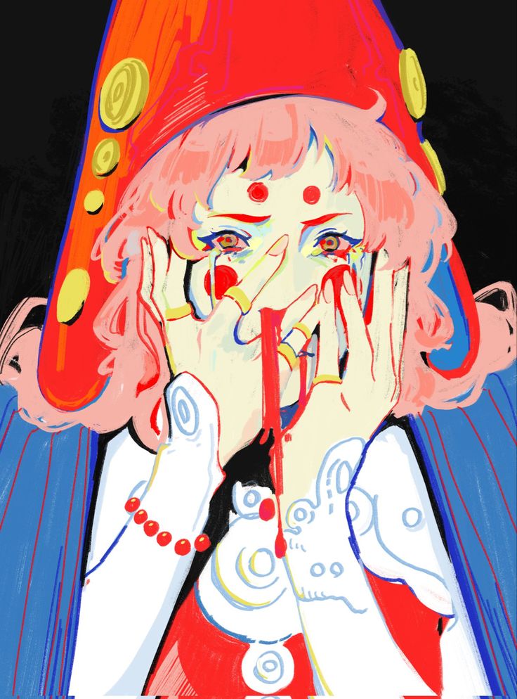 this is a digital painting of a woman with pink hair and red clothing crying. she is holding her hands up to her face to block out the tears, which are running down her cheeks and dripping blood from her eyes. she is dressed in an elaborate red and white outfit, with a blue robe over it. the background is black. the painting is done in a bright, colorful style, with abstract shapes and forms. the woman's expression is one of sadness and despair.