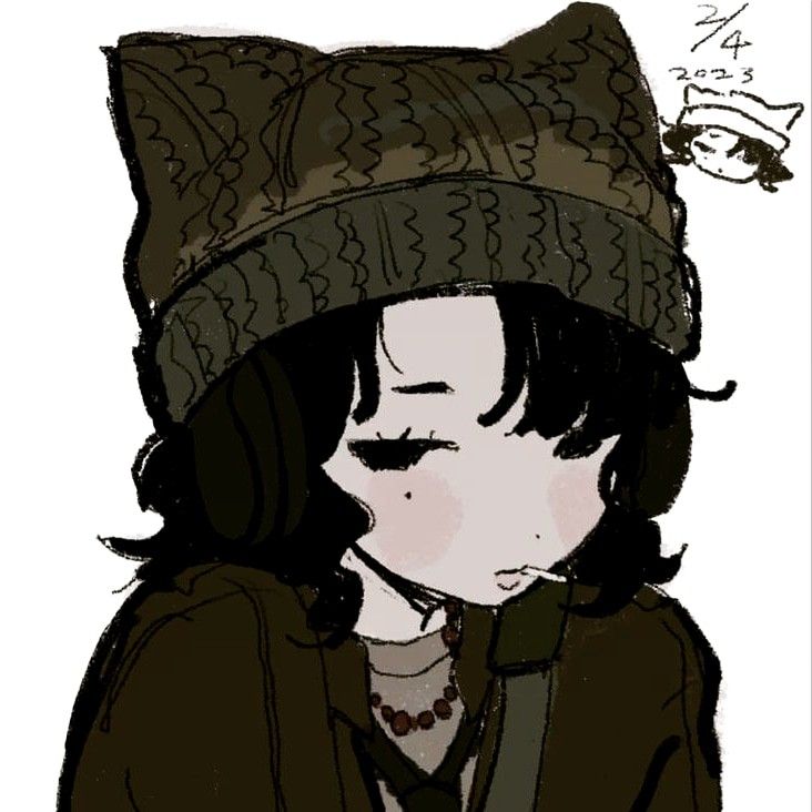 the image shows a drawing of a woman with dark hair wearing a dark cat ear beanie and a dark jacket. she has a cigarette in her mouth and is wearing a beaded necklace. the drawing is stylized with a sketchlike quality. a small doodle of the same woman with a beanie appears in the top right corner along with the date 2/4/2023. the style appears to be digital art.