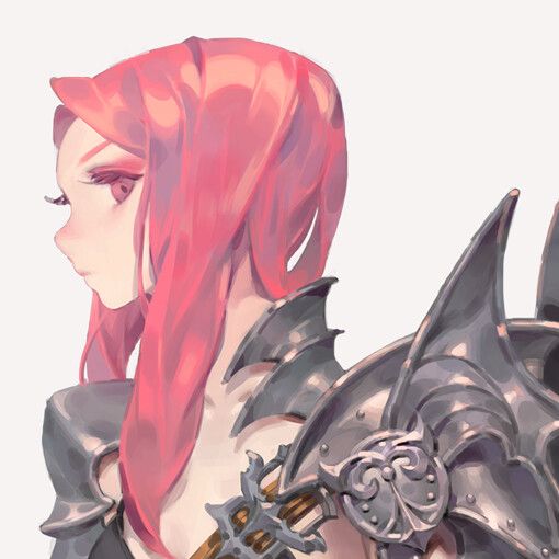 this is a digital painting of an animestyle female warrior wearing silver armor. she has long pink hair and a serious expression on her face.