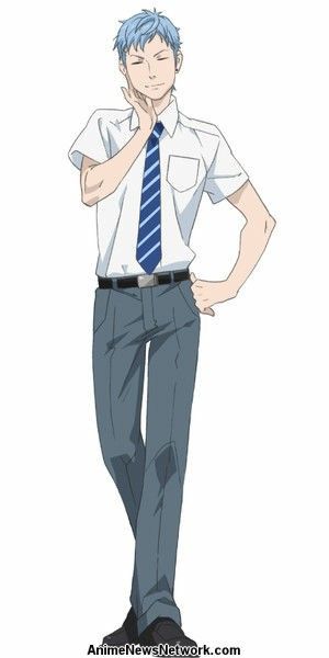 the image shows an animestyle male character with short, light blue hair and grey eyes. he's wearing a white, shortsleeved buttondown shirt with the top button undone, a blue striped tie, and dark grey pants with a belt. he strikes a confident pose with his right hand on his hip and his left hand touching his chin. the background is completely white, emphasizing the character's design.