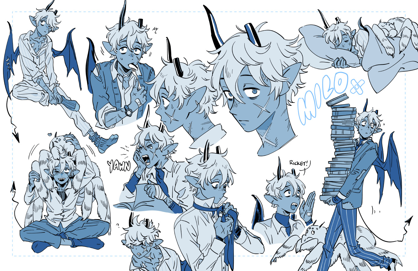 this is a comic illustration of a cute demon character in a variety of poses. he is wearing a blue suit and has blue wings. there are several characters in the comic including the demon character having a conversation with a spider, yawning, struggling with a tie, and carrying a stack of books.