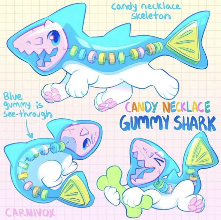 the image shows three cartoon illustrations of a doglike creature in a blue gummy shark suit filled with a candy necklace. the title above the first image reads "candy necklace skeleton." the text next to the second image states "blue gummy is seethrough." a larger title next to the images reads "candy necklace gummy shark." in one image the creature is holding a bone. the signature "carnivox" is visible at the bottom left corner.
