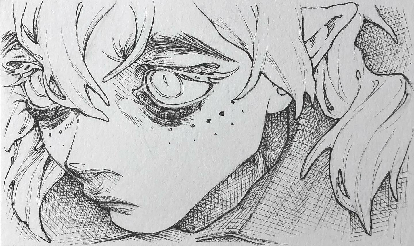 the image is a detailed pen and ink drawing of the head and shoulders of a young person, possibly an elf, given their pointed ears. the style is highly expressive, focusing on the character's intense gaze and subtle expressions around the mouth and eyes. the artist employed a variety of ink techniques including hatching and crosshatching to achieve a range of tonal values and textures, giving depth and form to the hair, skin, and clothing implied by the shading.  the drawing is monochrome and shows great detail in the eyes and face, including prominent freckles. the background is a textured area, possibly showing clothing or a background element, rendered with crosshatching. the overall mood of the piece is somewhat melancholic or serious.