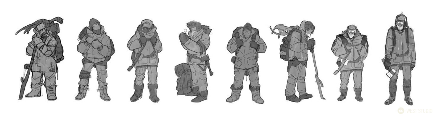 the image showcases a lineup of eight unique characters designed for an arctic expedition. each character is bundled in heavy winter gear, emphasizing the harsh, cold environment. the soft lighting suggests a cloudy or overcast day. the perspective is a clear side view, allowing for a good look at each character's silhouette and attire.